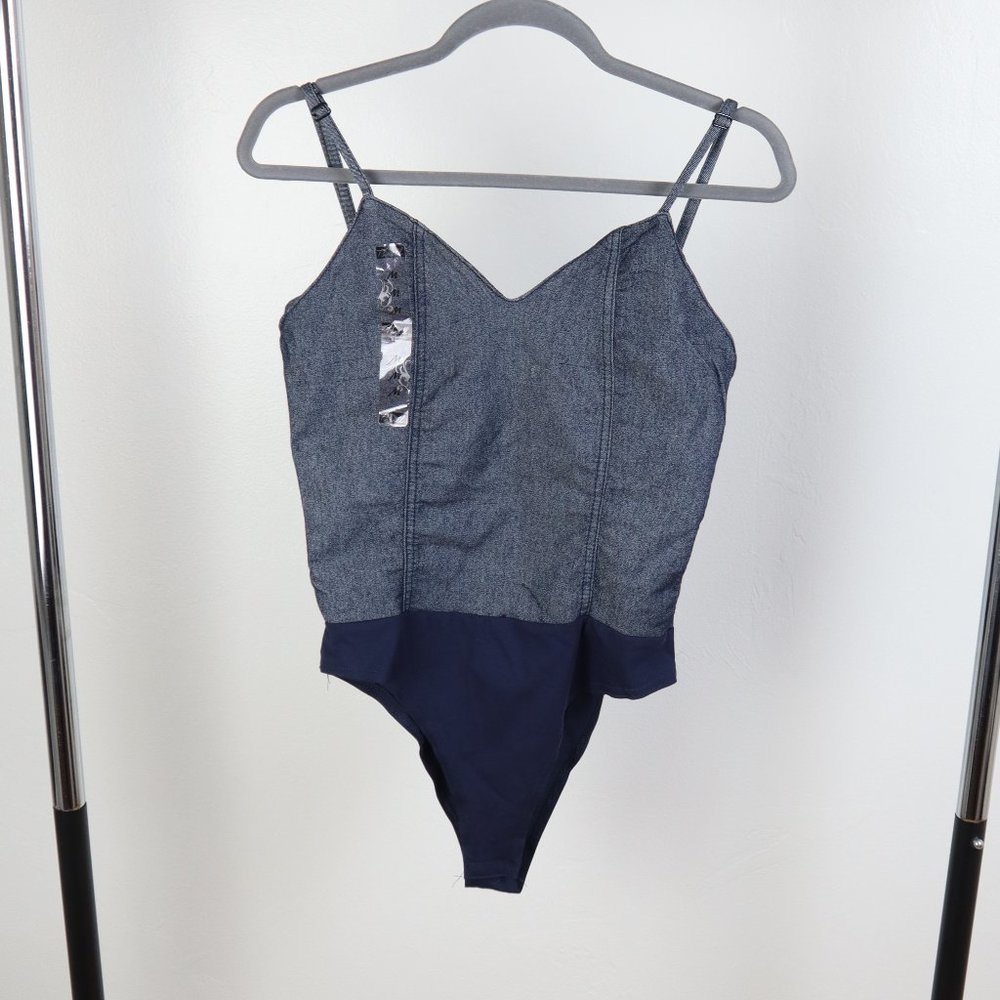Denim Corset Style Bodysuit Women Medium Blue Jean Look Fitted Top Spandex